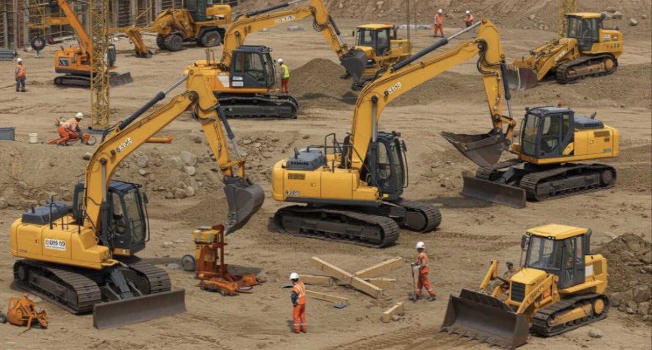 Construction equipment warehouse with organized inventory