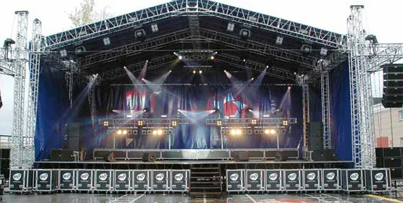 Crew configuring stage lights near the waterfront in Greece