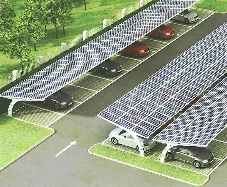 Covered solar parking canopy near commercial property